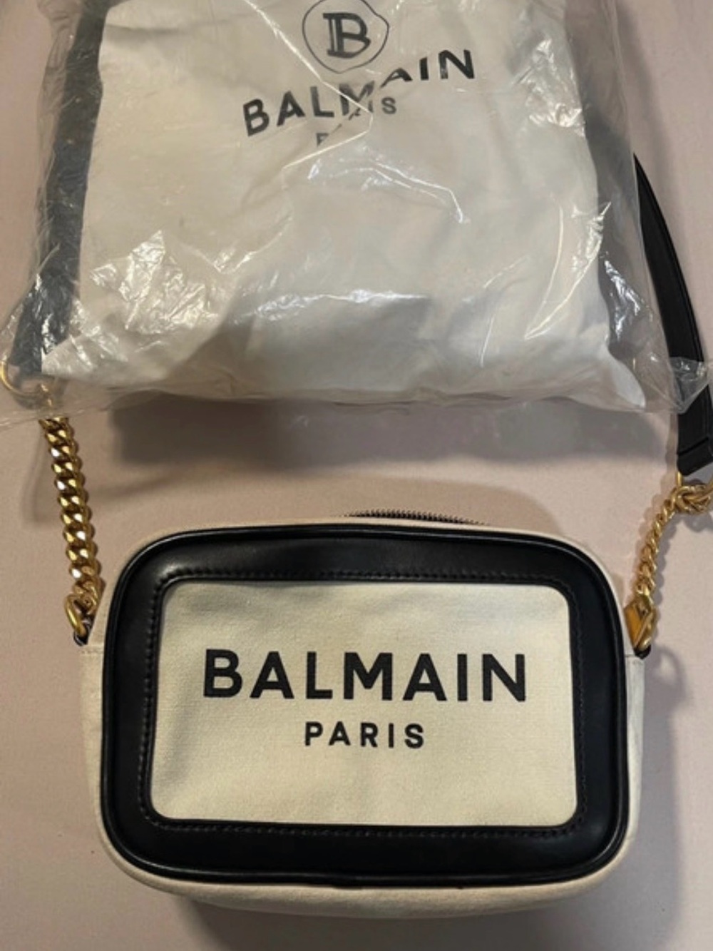 Balmain Cream and Black Logo Crossbody Camera Bag with Gold Chain